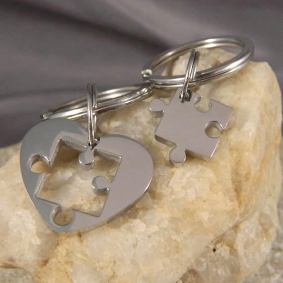Couples Stainless Steel Heart Puzzle Piece Keychains Silver
